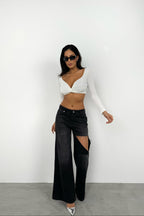 Flared Leg Side Piped Striped Black Jeans