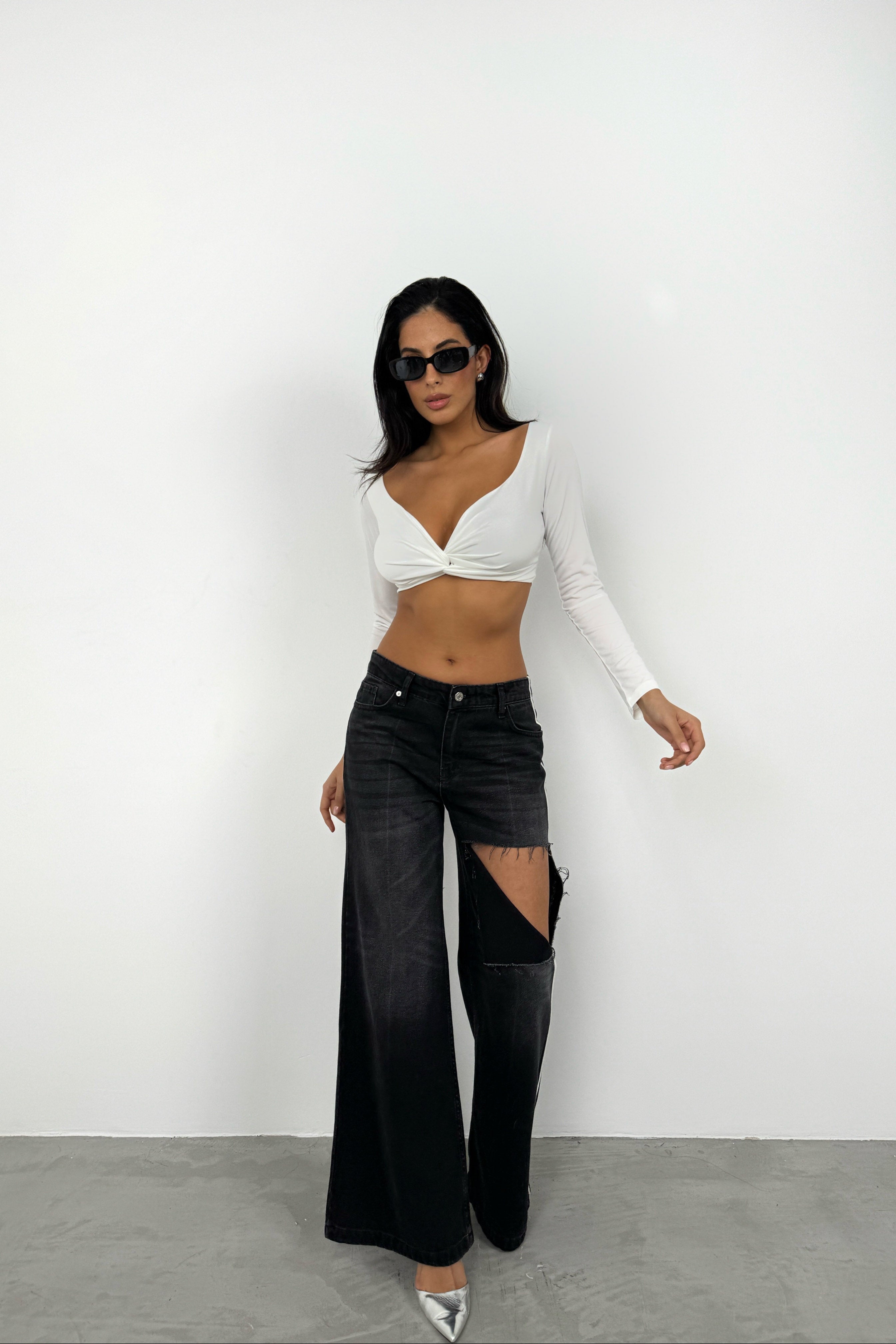 Flared Leg Side Piped Striped Black Jeans