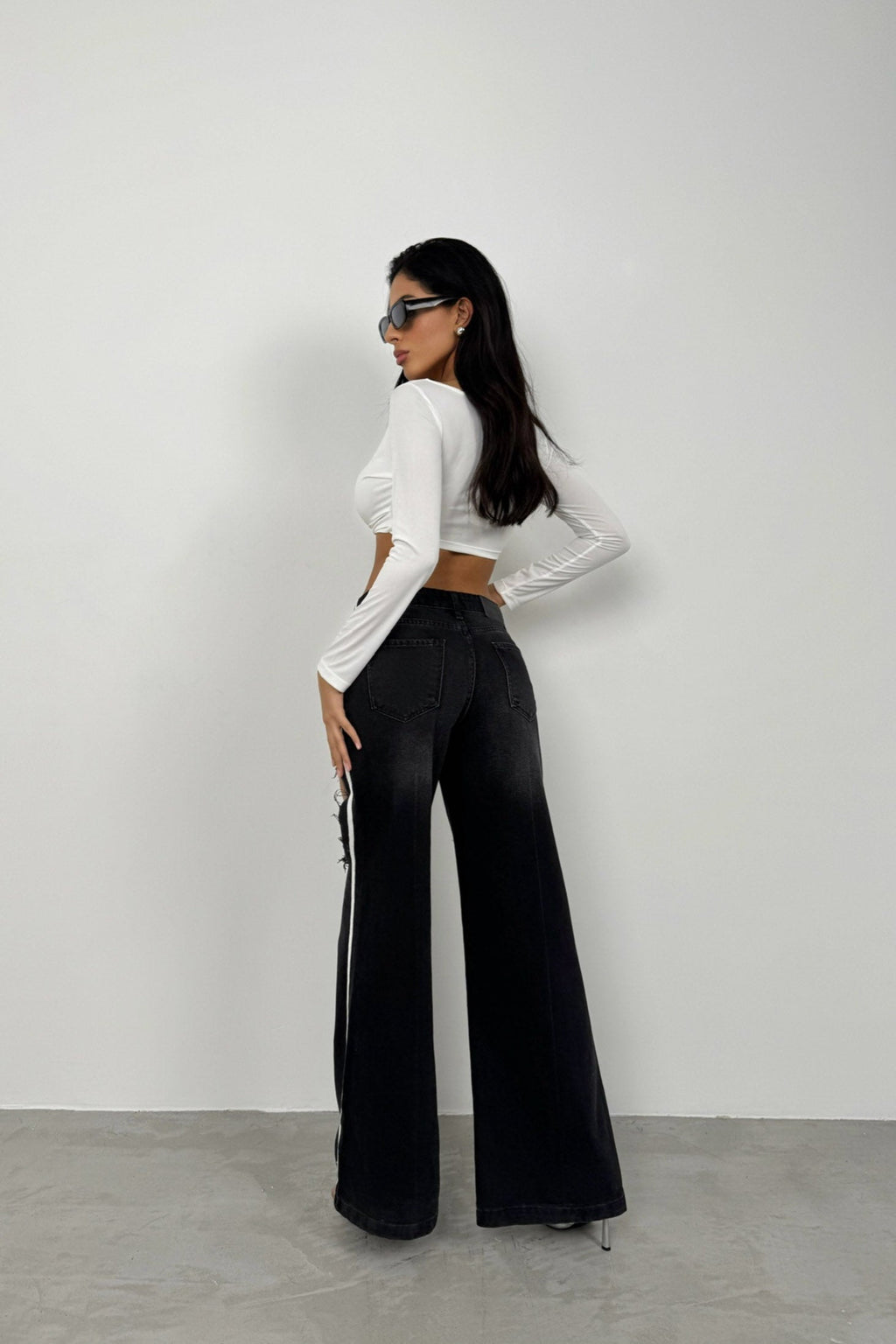 Flared Leg Side Piped Striped Black Jeans
