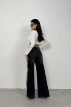 Flared Leg Side Piped Striped Black Jeans