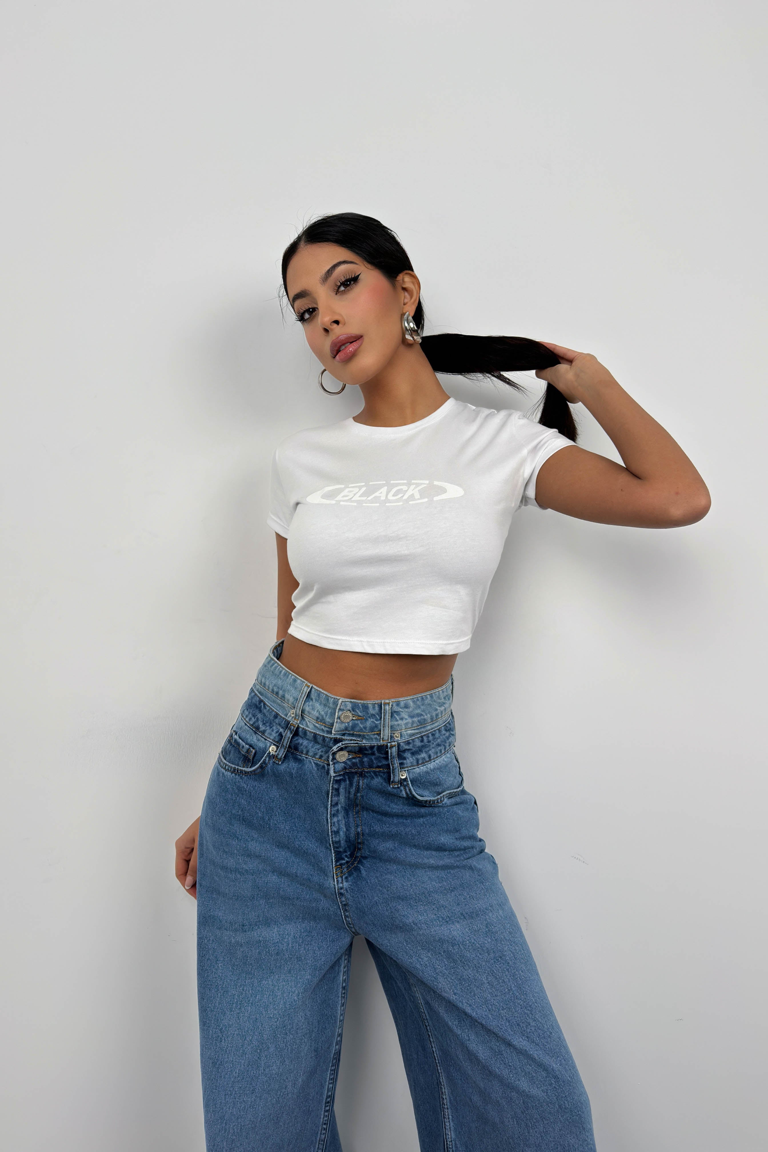 Embossed Printed Stretch White T-Shirt