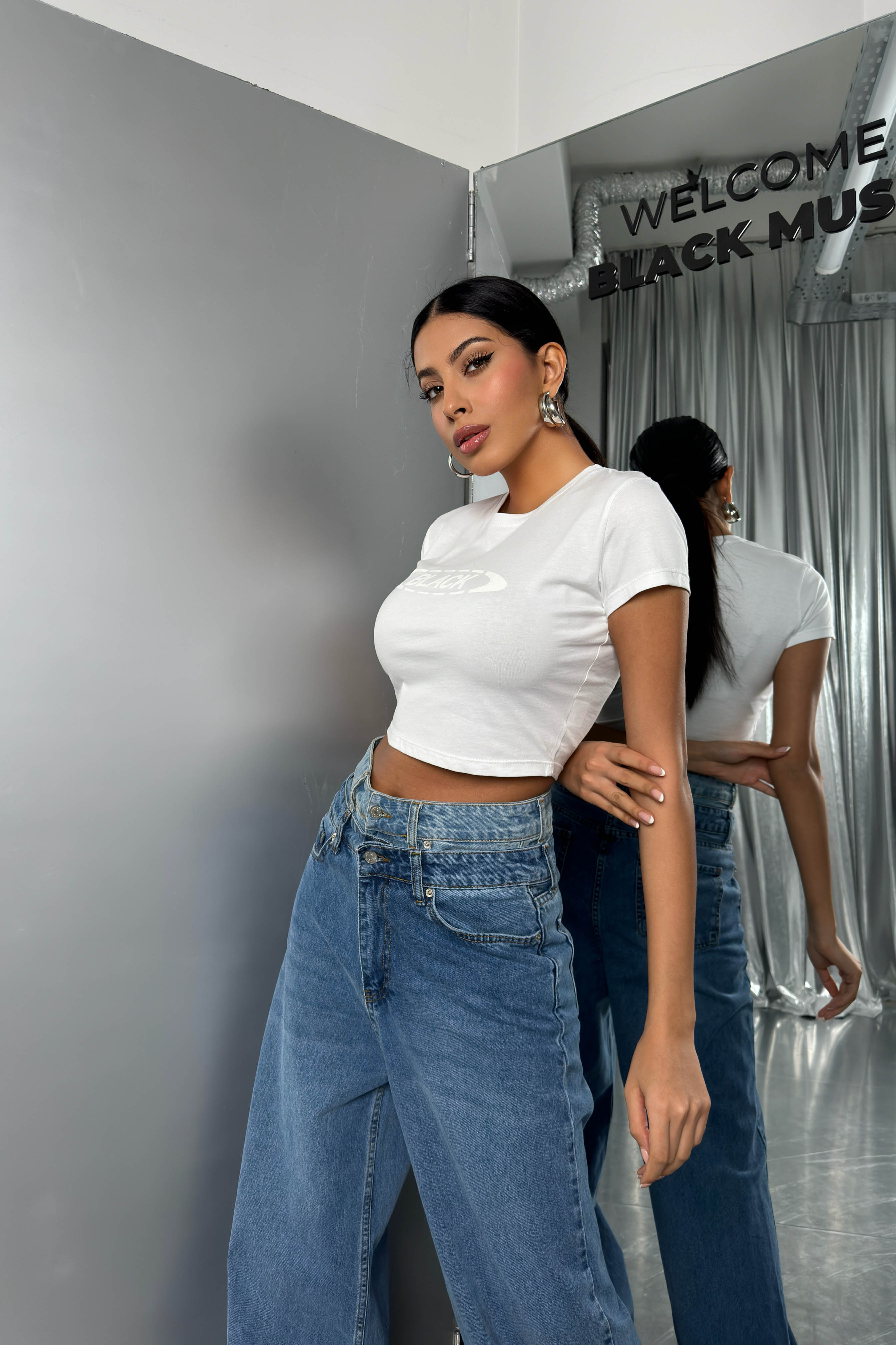 Embossed Printed Stretch White T-Shirt