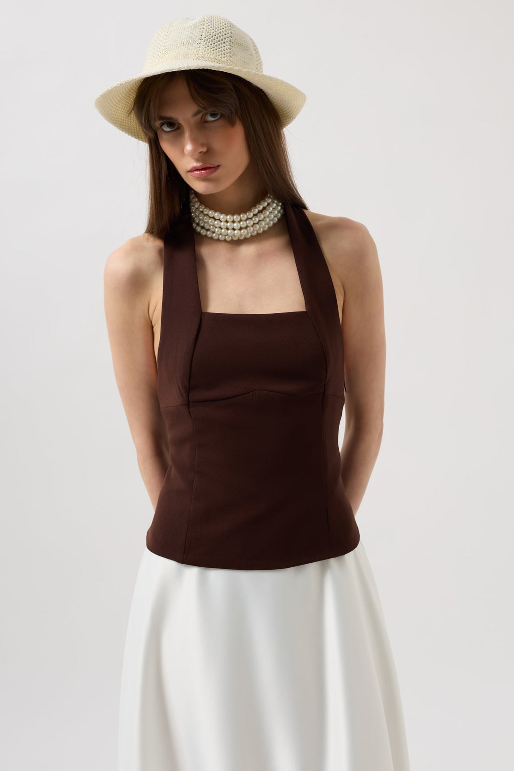 Thick Strap Crop Brown Blouse