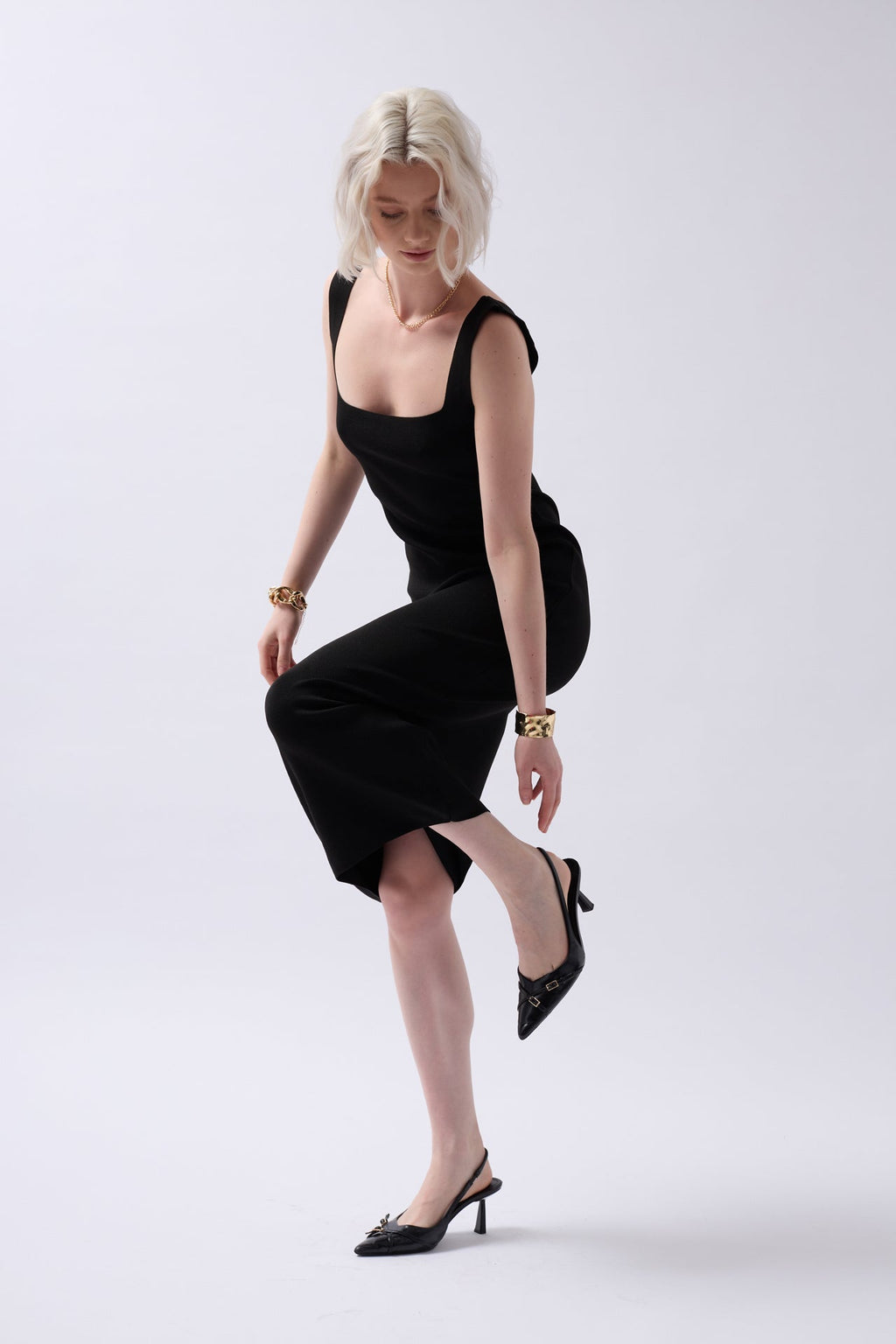 Thick Strap Midi Black Dress