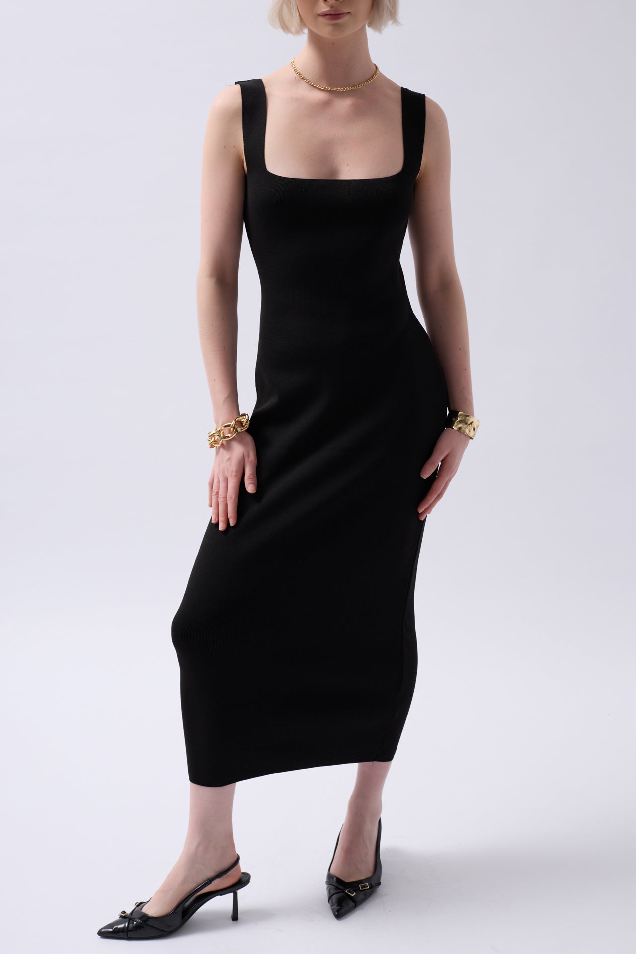 Thick Strap Midi Black Dress