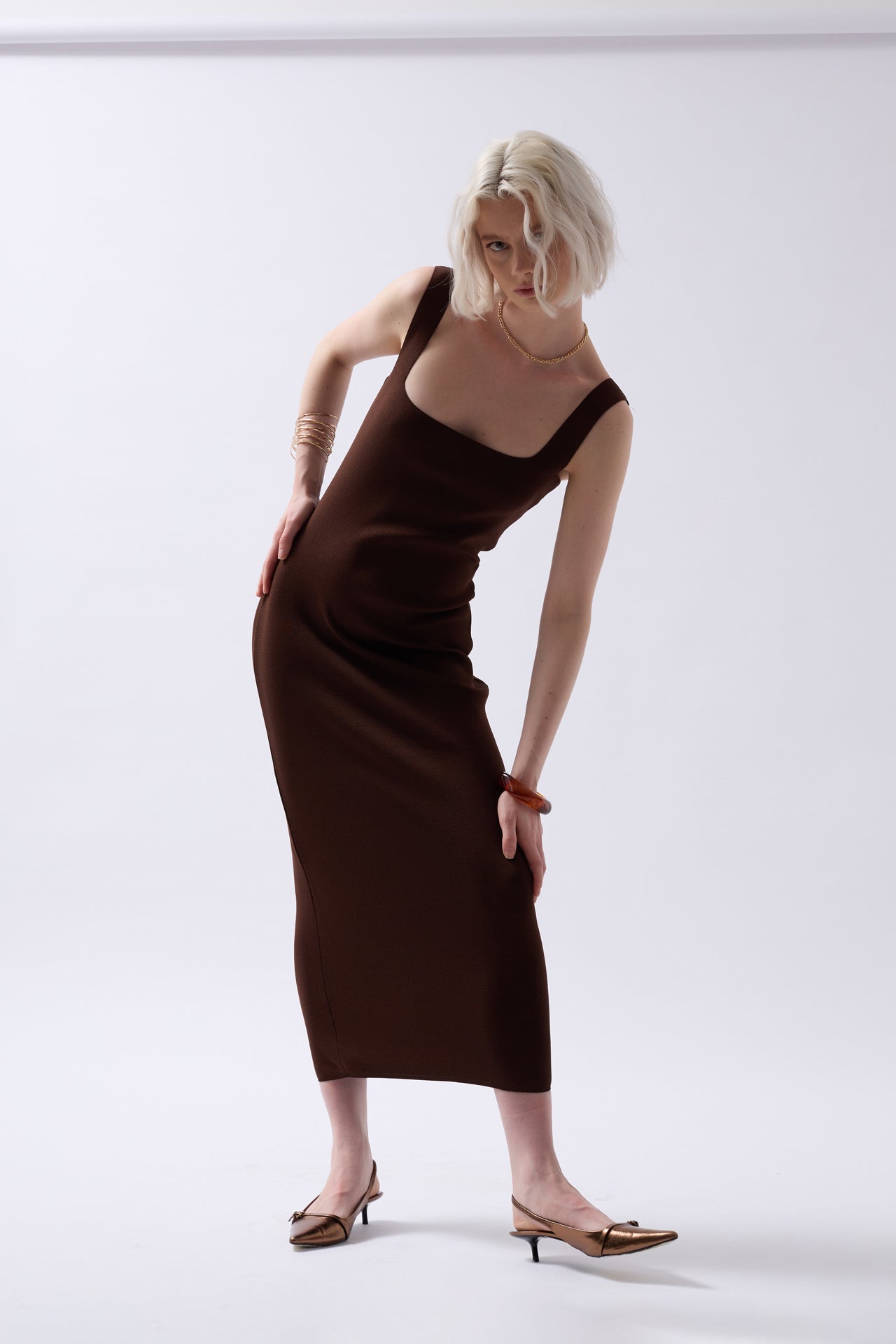 Thick Strap Midi Brown Dress