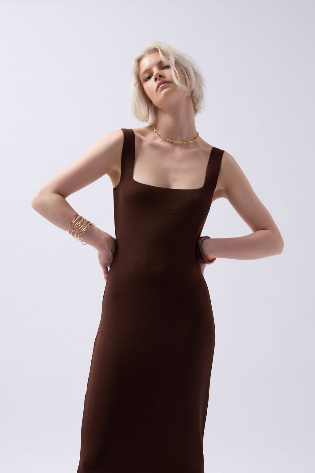 Thick Strap Midi Brown Dress