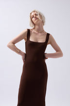 Thick Strap Midi Brown Dress