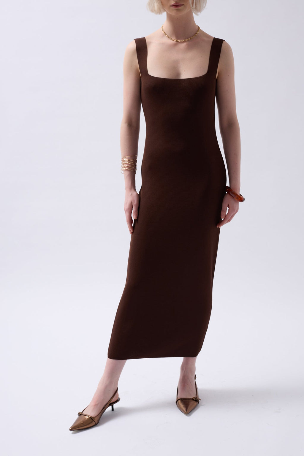 Thick Strap Midi Brown Dress