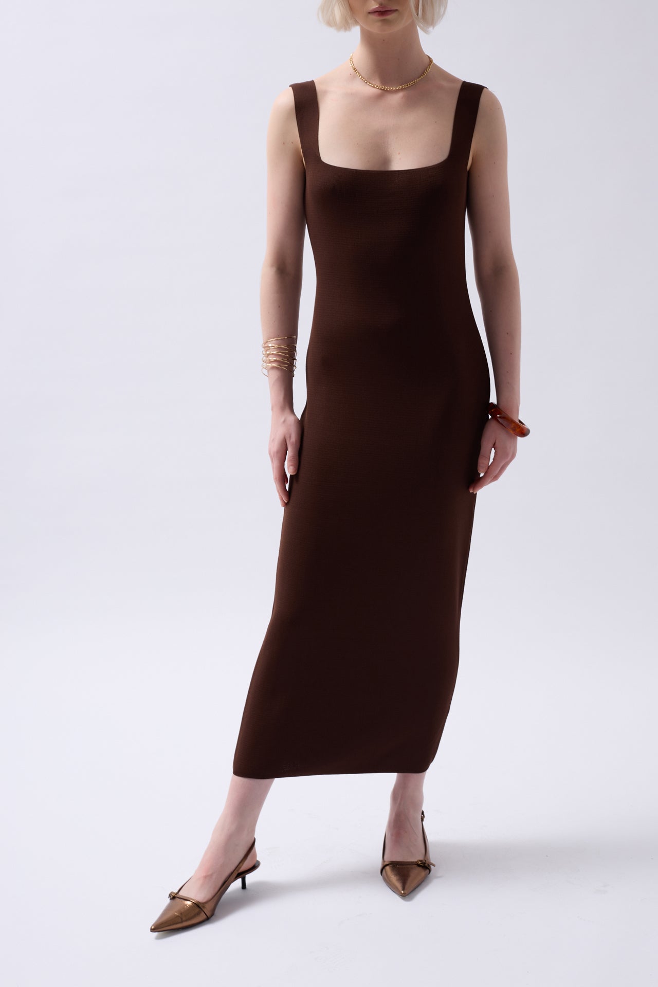 Thick Strap Midi Brown Dress