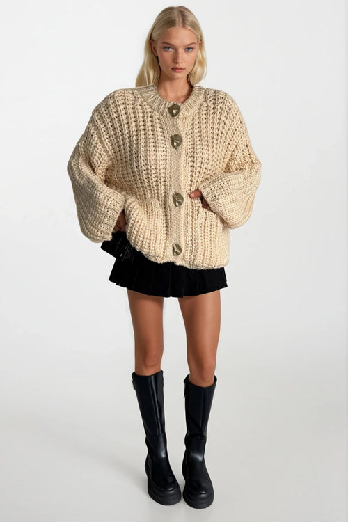 Chunky Knit Button Detail Ecru Cardigan