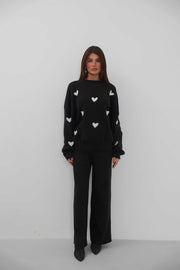 Heart Patterned Sweater Trousers Knitwear Black Set