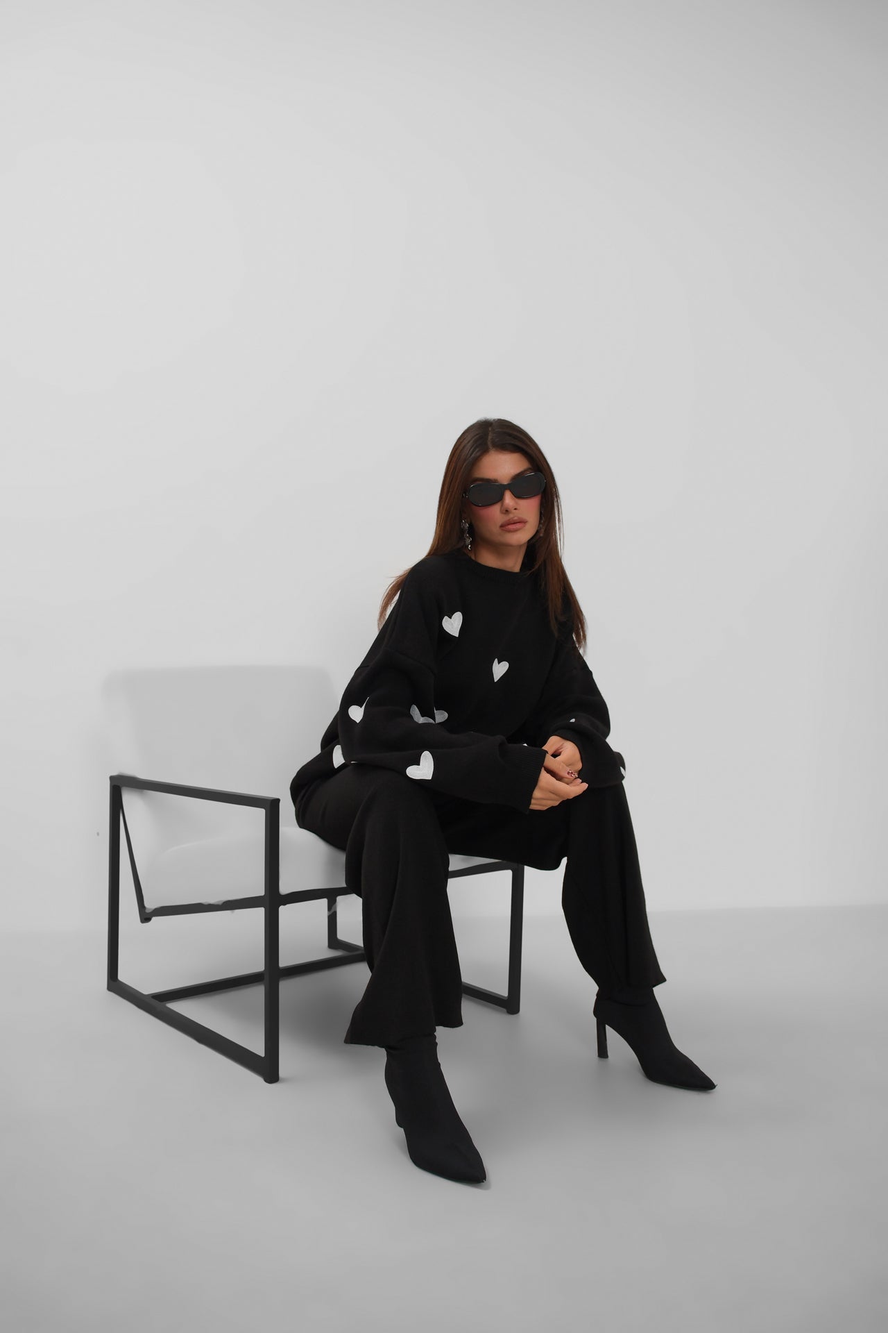 Heart Patterned Sweatshirter Pants Knit Black Set