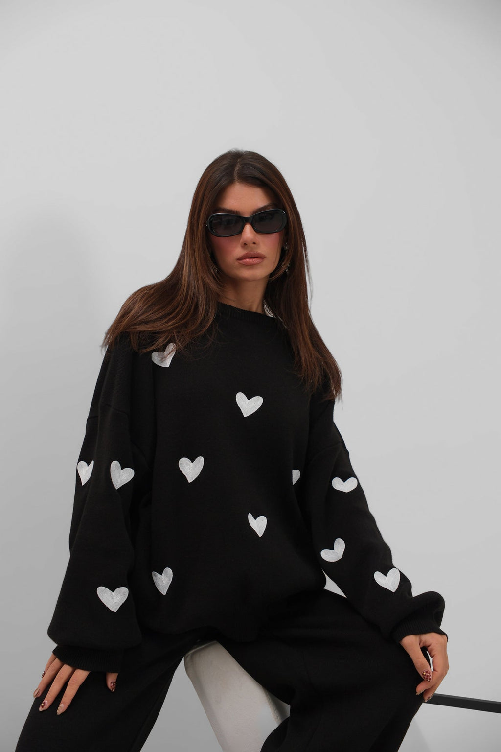 Heart Patterned Sweatshirter Pants Knit Black Set