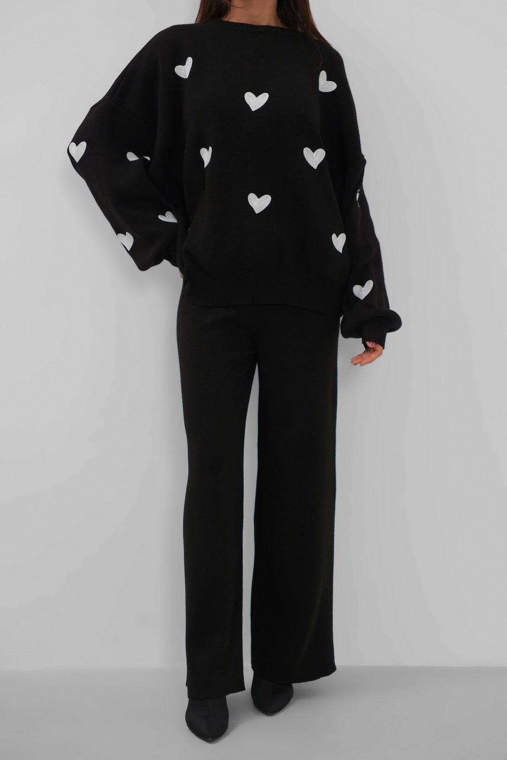 Heart Patterned Sweatshirter Pants Knit Black Set