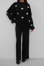 Heart Patterned Sweatshirter Pants Knit Black Set