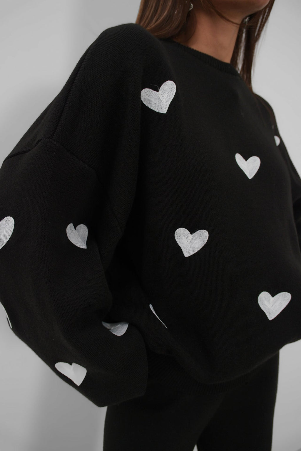 Heart Patterned Sweatshirter Pants Knit Black Set