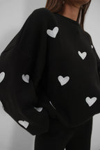 Heart Patterned Sweatshirter Pants Knit Black Set