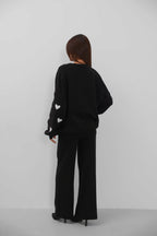 Heart Patterned Sweatshirter Pants Knit Black Set