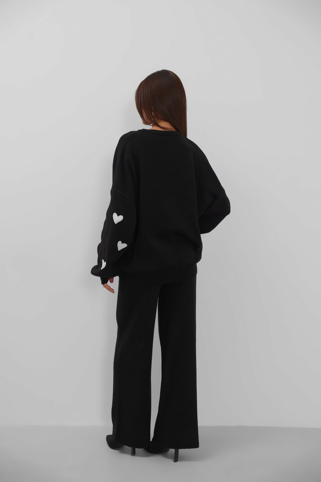 Heart Patterned Sweatshirter Pants Knit Black Set
