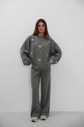 Heart Patterned Sweatshirter Pants Knit Gray Set