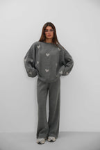 Heart Patterned Sweatshirter Pants Knit Gray Set