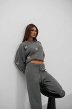 Heart Patterned Sweatshirter Pants Knit Gray Set