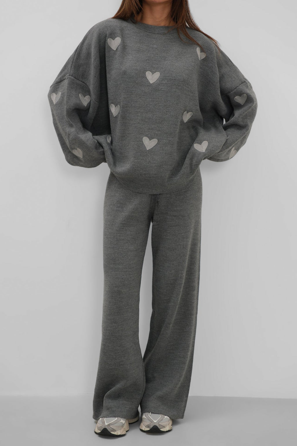 Heart Patterned Sweatshirter Pants Knit Gray Set
