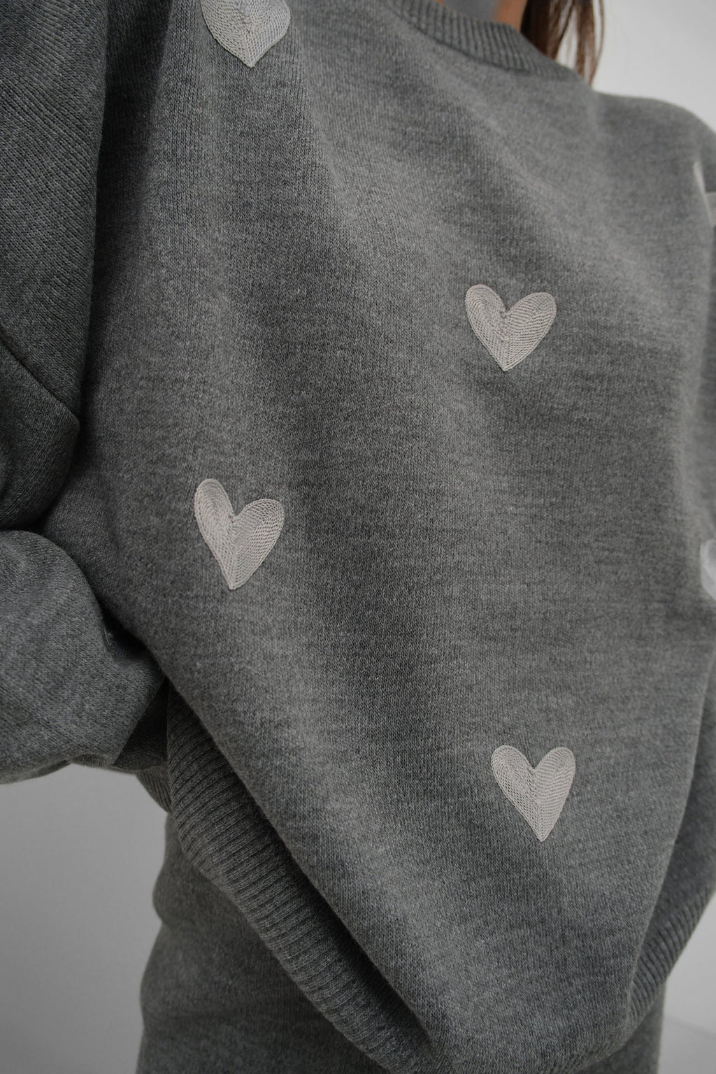 Heart Patterned Sweatshirter Pants Knit Gray Set