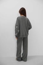 Heart Patterned Sweatshirter Pants Knit Gray Set