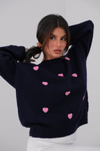 Kalp Detailed Oversize Navy Knit Sweater