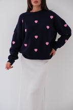 Kalp Detailed Oversize Navy Knit Sweater
