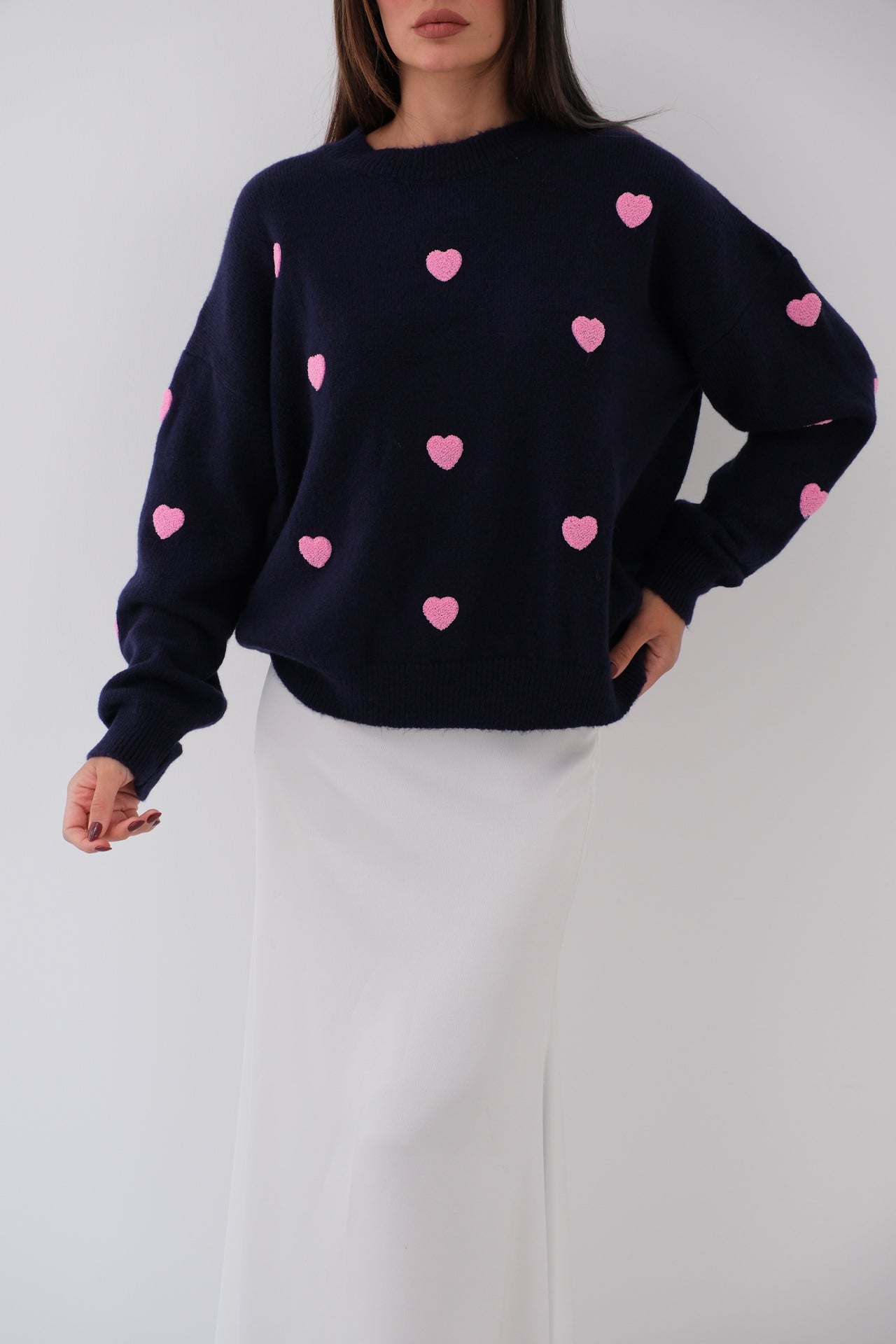 Kalp Detailed Oversize Navy Knit Sweater