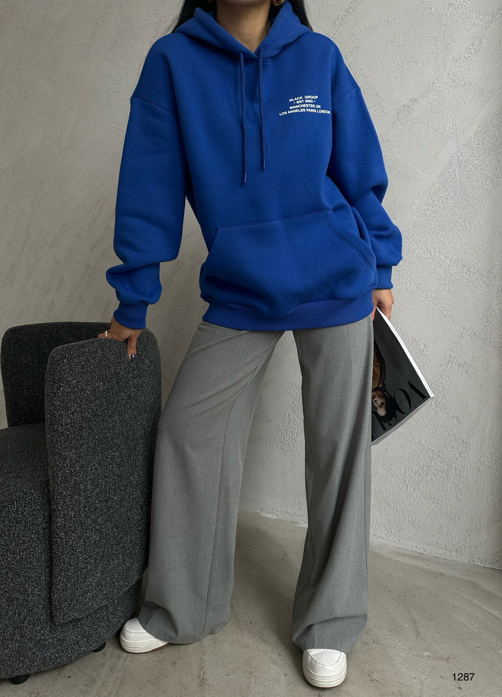 Kangaroo Pocket Printed Hooded Sax Blue Sweatshirt
