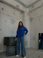Kangaroo Pocket Printed Hooded Sax Blue Sweatshirt