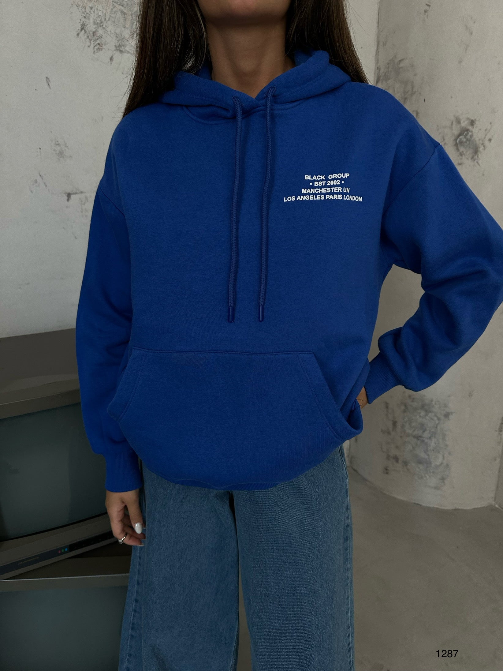 Kangaroo Pocket Printed Hooded Sax Blue Sweatshirt