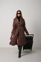 Quilted Pattern Maxi Length Brown Trench Coat