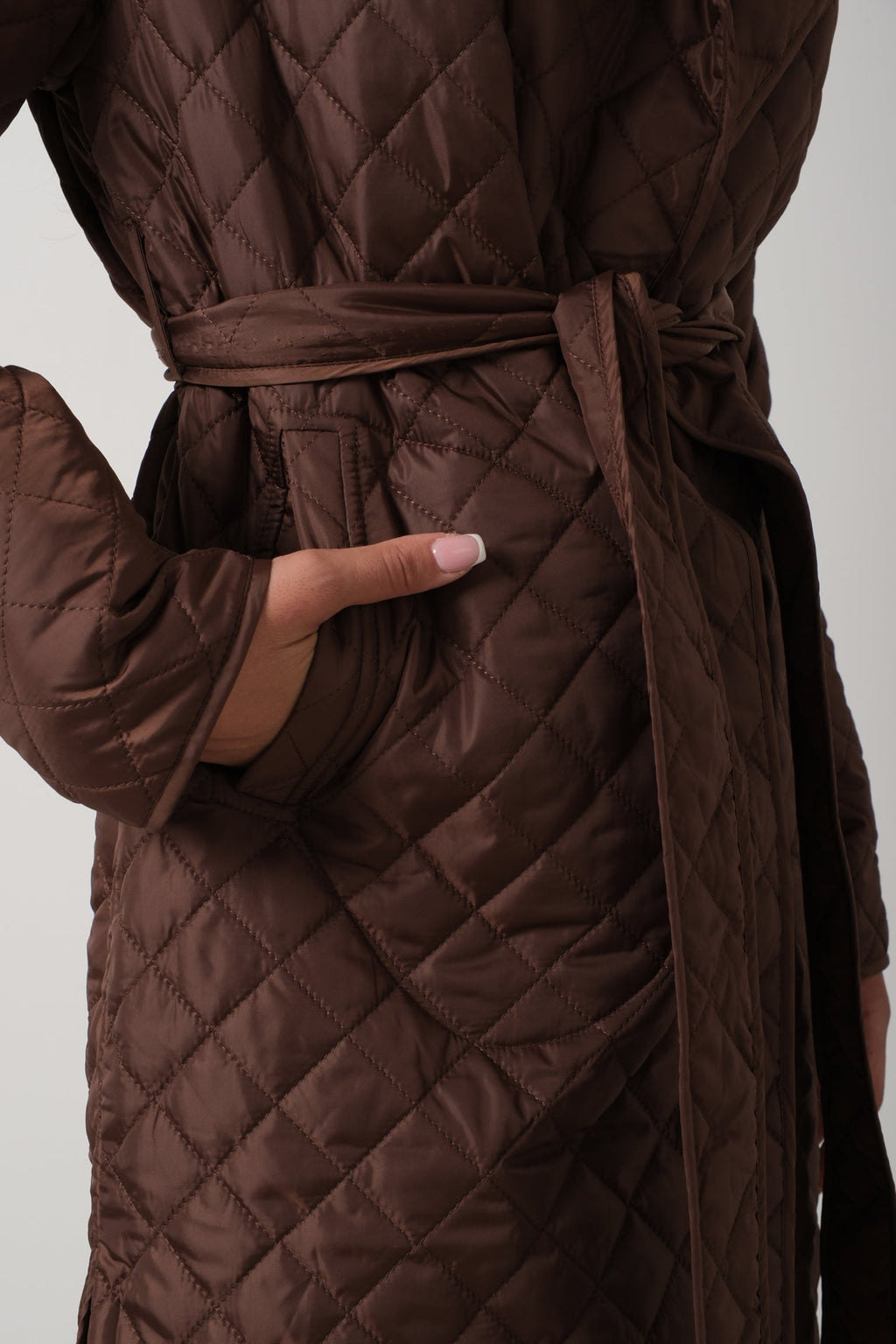 Quilted Pattern Maxi Length Brown Trench Coat