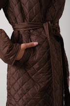 Quilted Pattern Maxi Length Brown Trench Coat