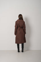 Quilted Pattern Maxi Length Brown Trench Coat