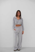 Hooded Zippered Crop Sweatshirt and Tracksuit Andlvet Gray Set