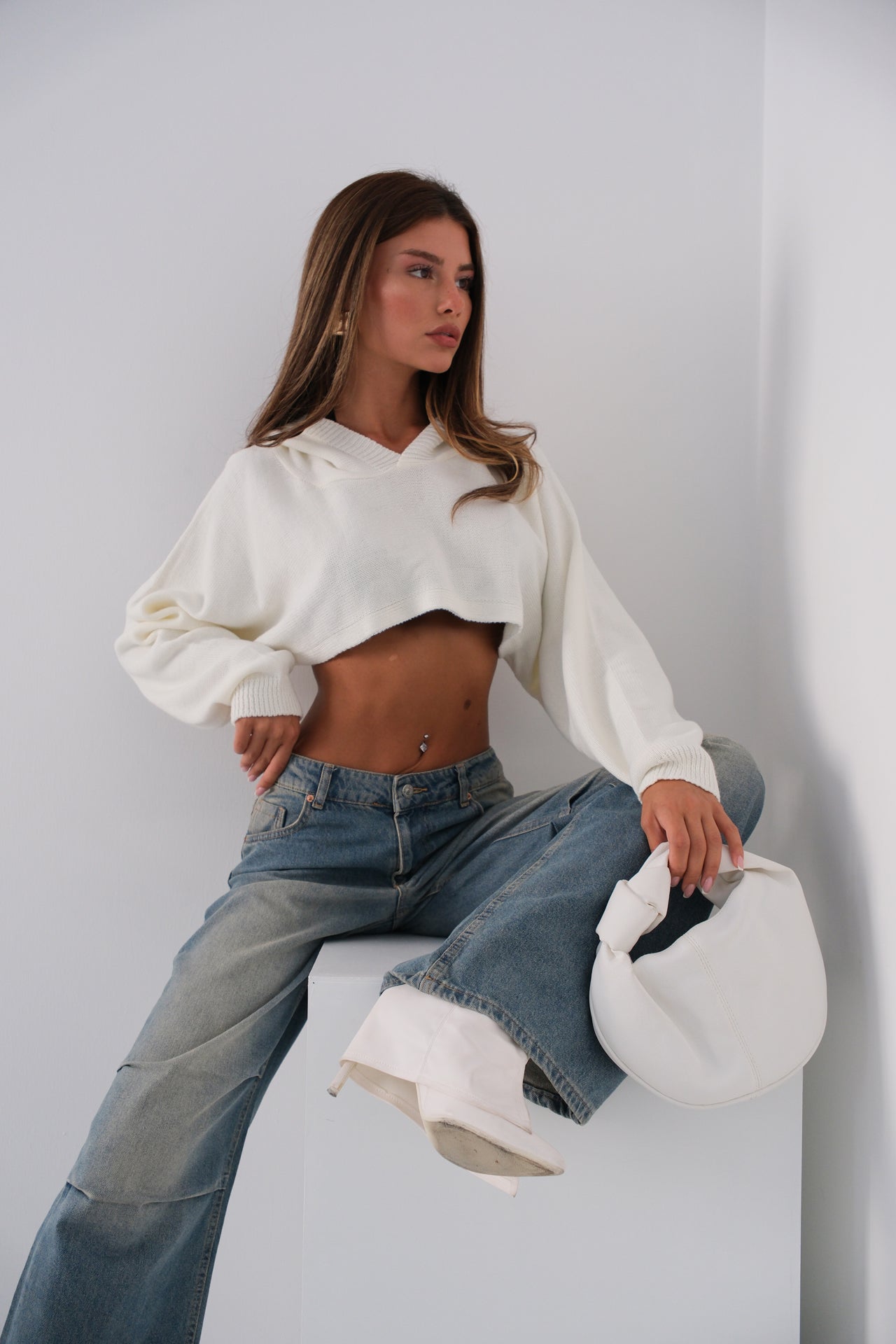 Hooded Ecru Crop Sweater