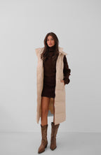 Hooded Puffer Beige Maxi Vest
