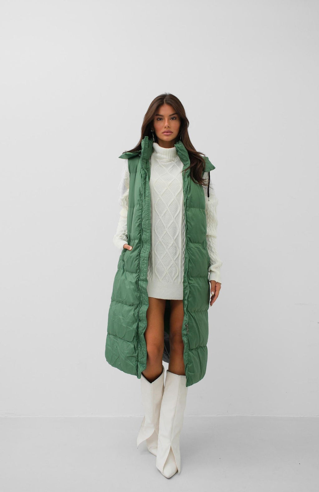 Hooded Puffer Khaki Maxi Vest
