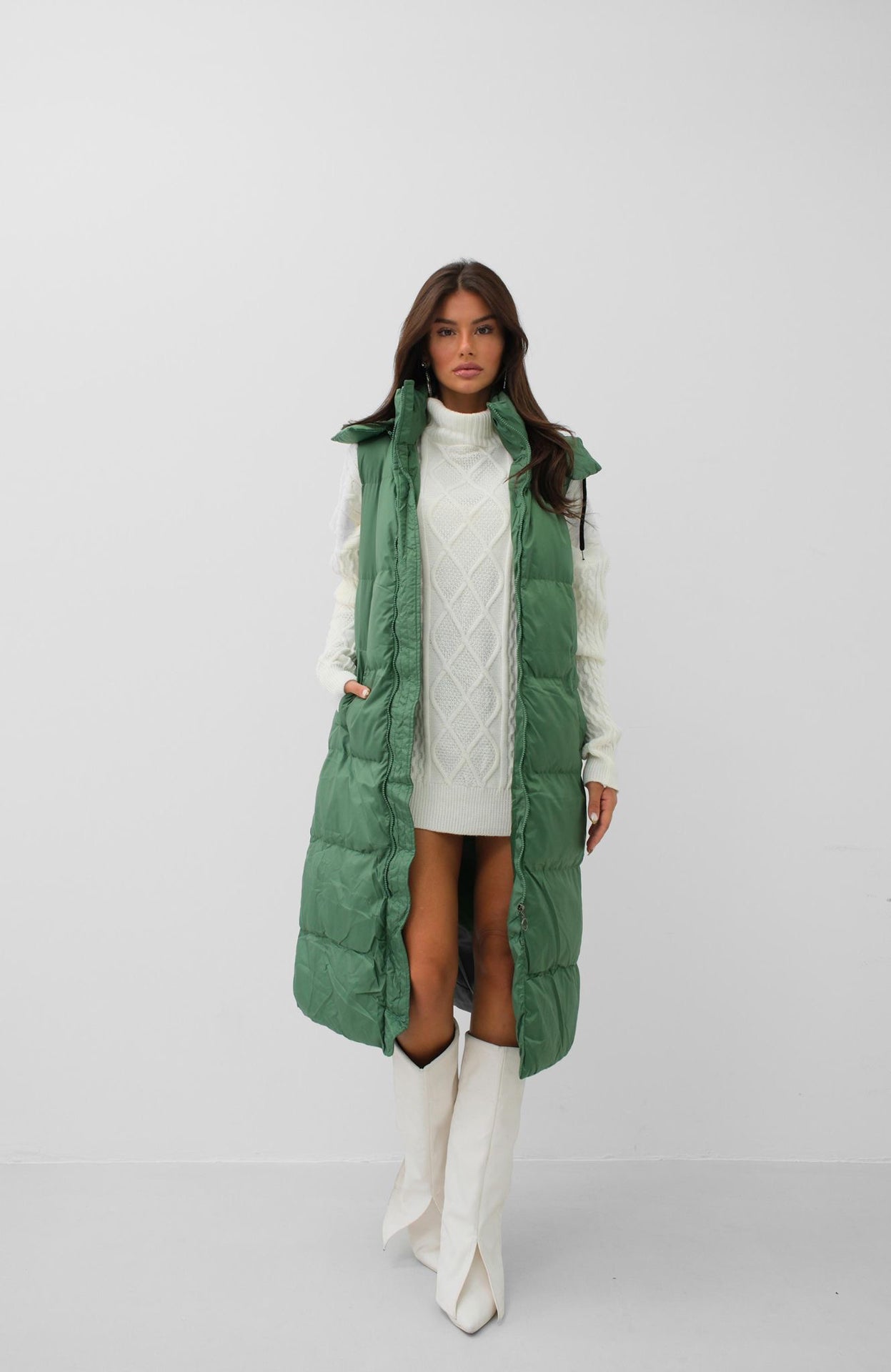 Hooded Puffer Khaki Maxi Vest