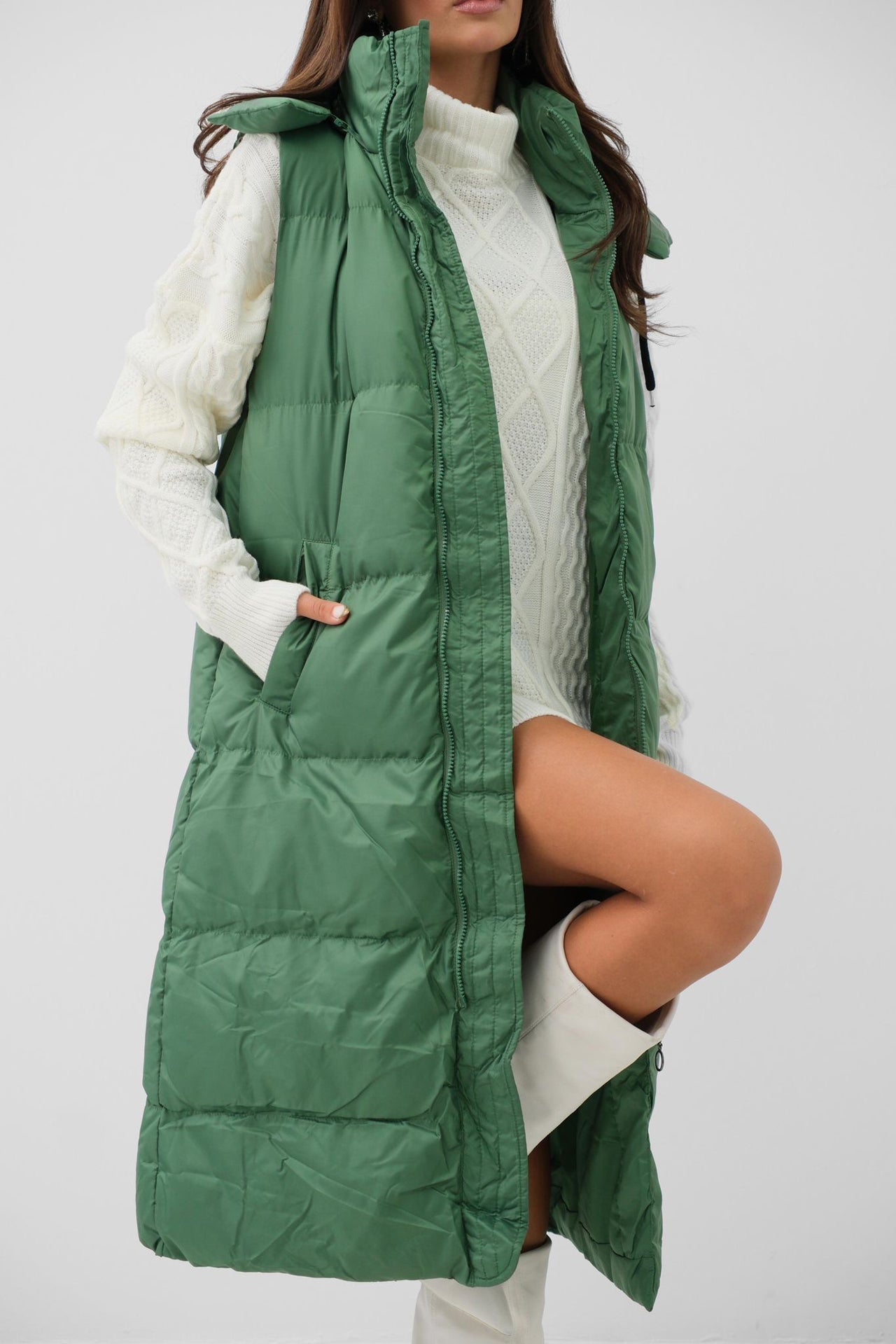 Hooded Puffer Khaki Maxi Vest
