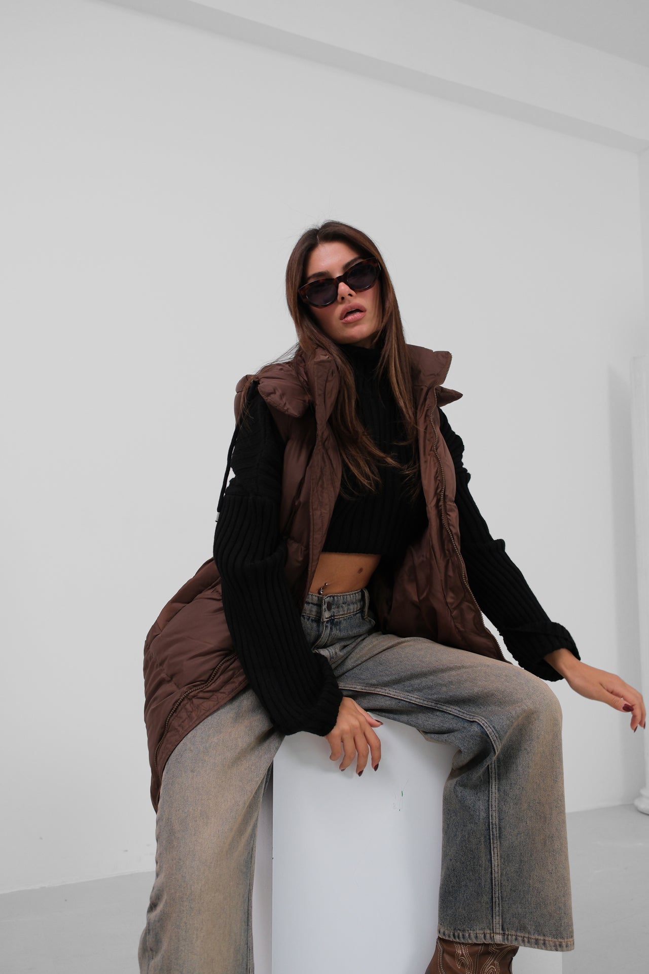 Hooded Puffer Brown Maxi Vest