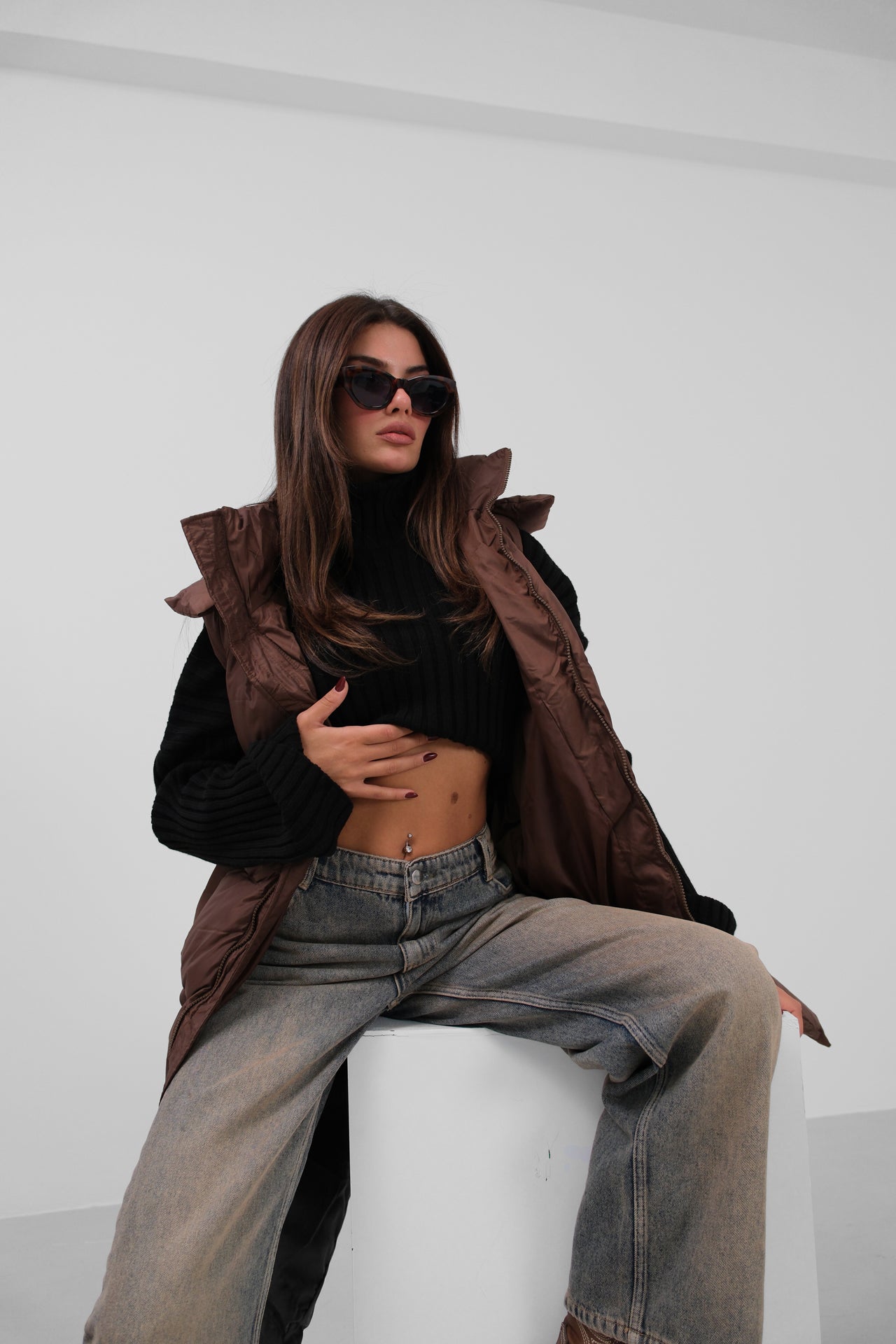 Hooded Puffer Brown Maxi Vest