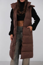 Hooded Puffer Brown Maxi Vest