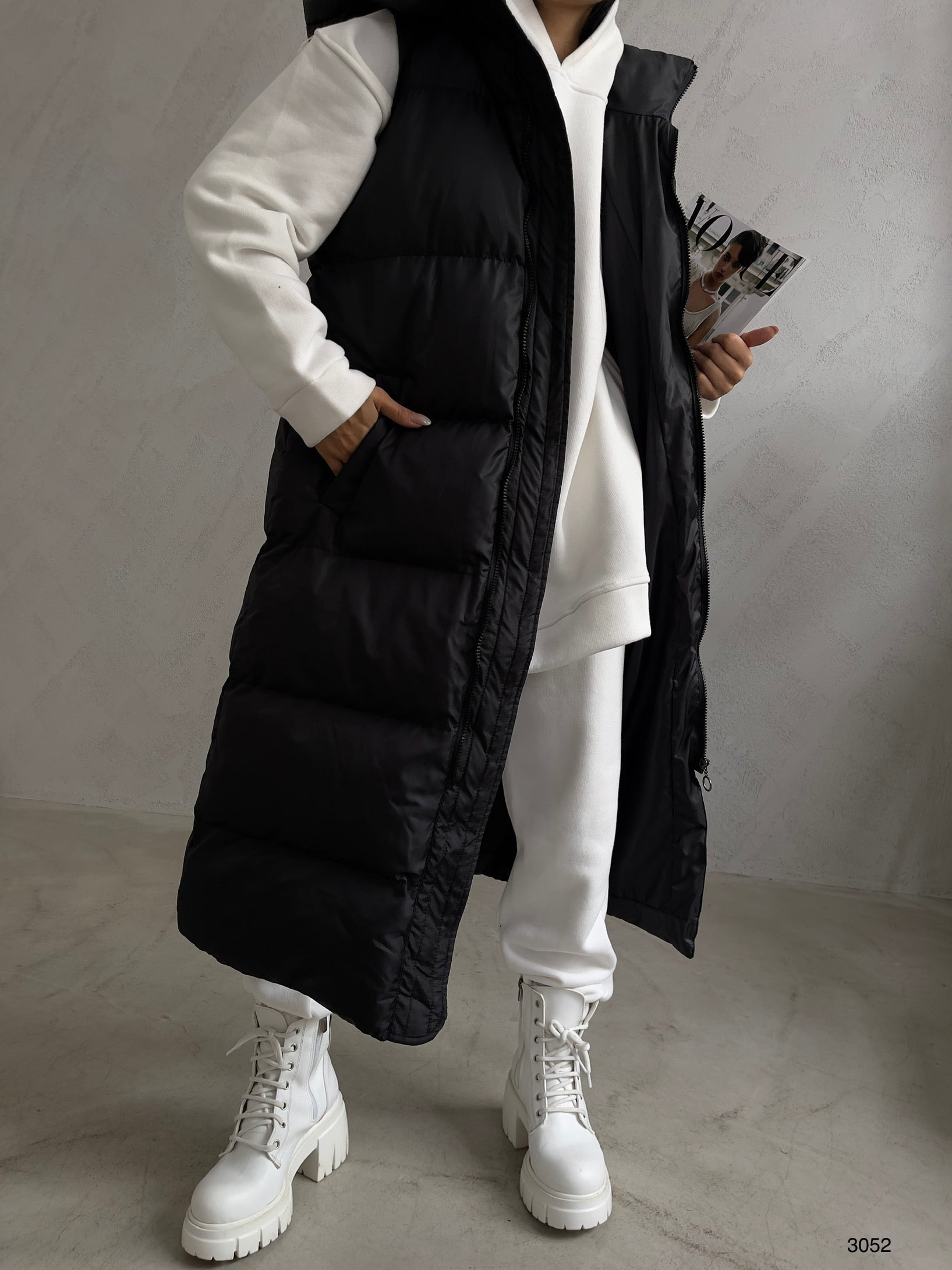 Kapusonlu Sisme Black Maxi Vest